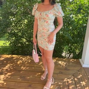 Floral Dress with Puff Sleeves and Cutout